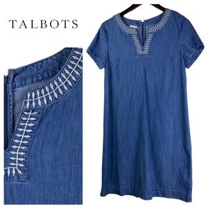Talbots popover Women chambray‎ shift dress Embroidered Size 10 Short Sleeves